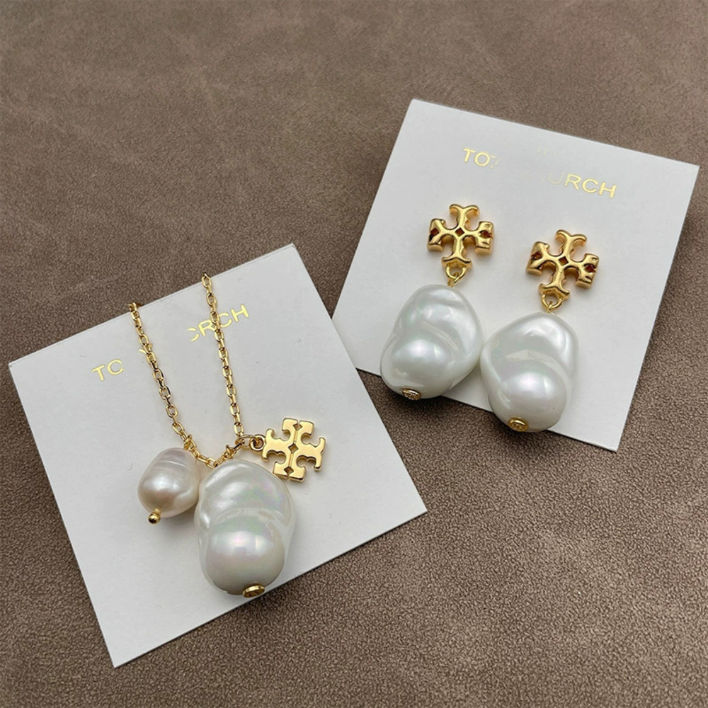 Tory Burch Gold Plated Imitation Pearl Earrings and Baroque Pearl Necklace Set